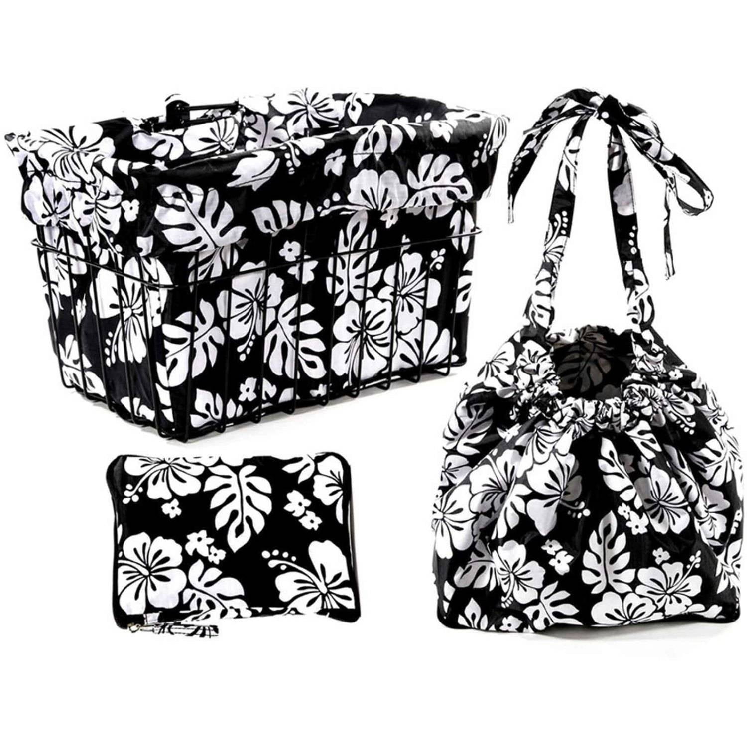 Cruiser Candy Bike Basket Liner Waterproof, Universal Fit for Most Bike Baskets, Stylish 2in1Tote, Bike Basket Cover, Front Wire Or Wicker Bike Baskets Fits Up to 15x12x10 - Black White Hibiscus