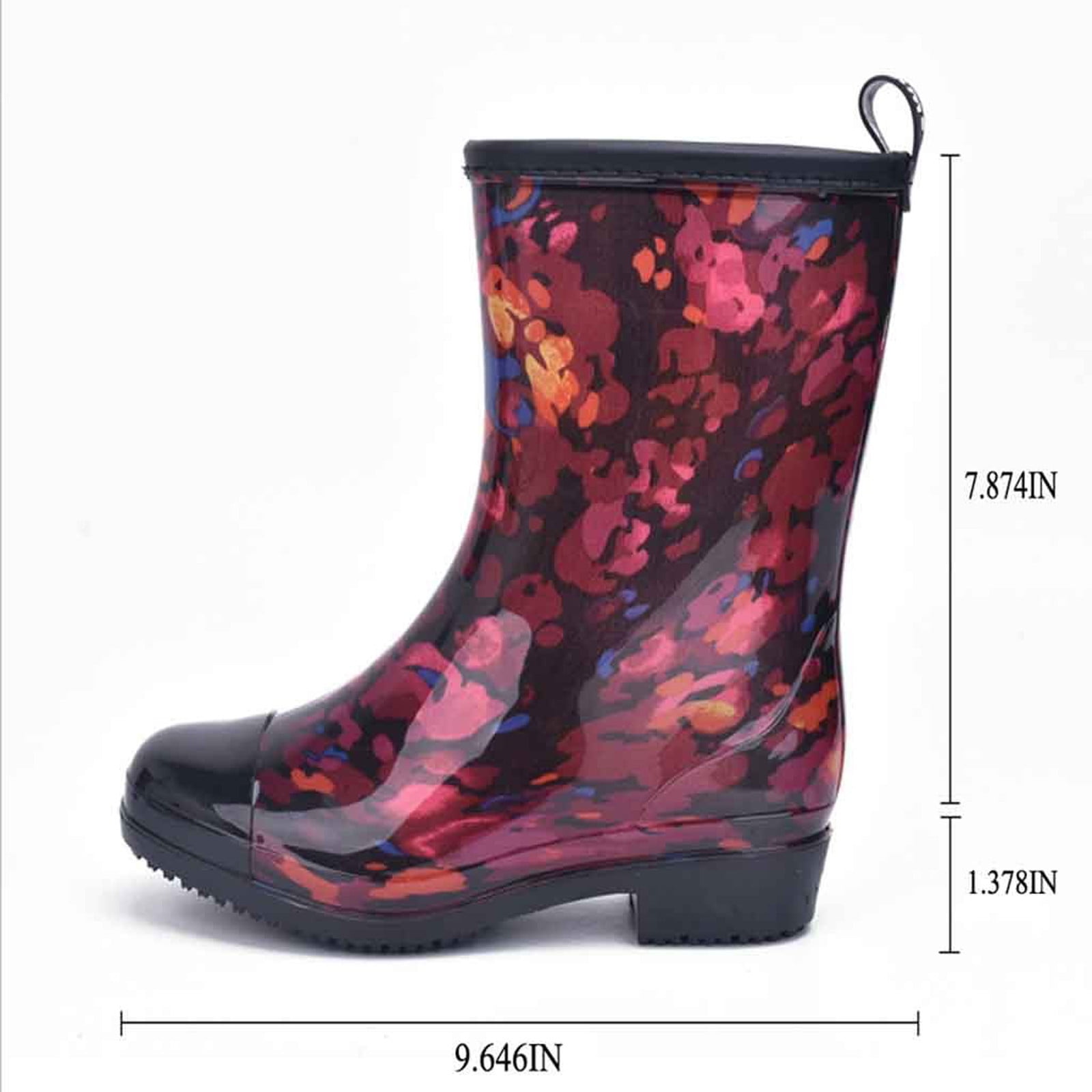 Xfvqtps Rain Boots for Women Mid Calf Flower Print Black Toe Cap Garden Shoes Waterproof Non Slip Rubber Sole Outdoor Work PVC Rain Shoes Blue
