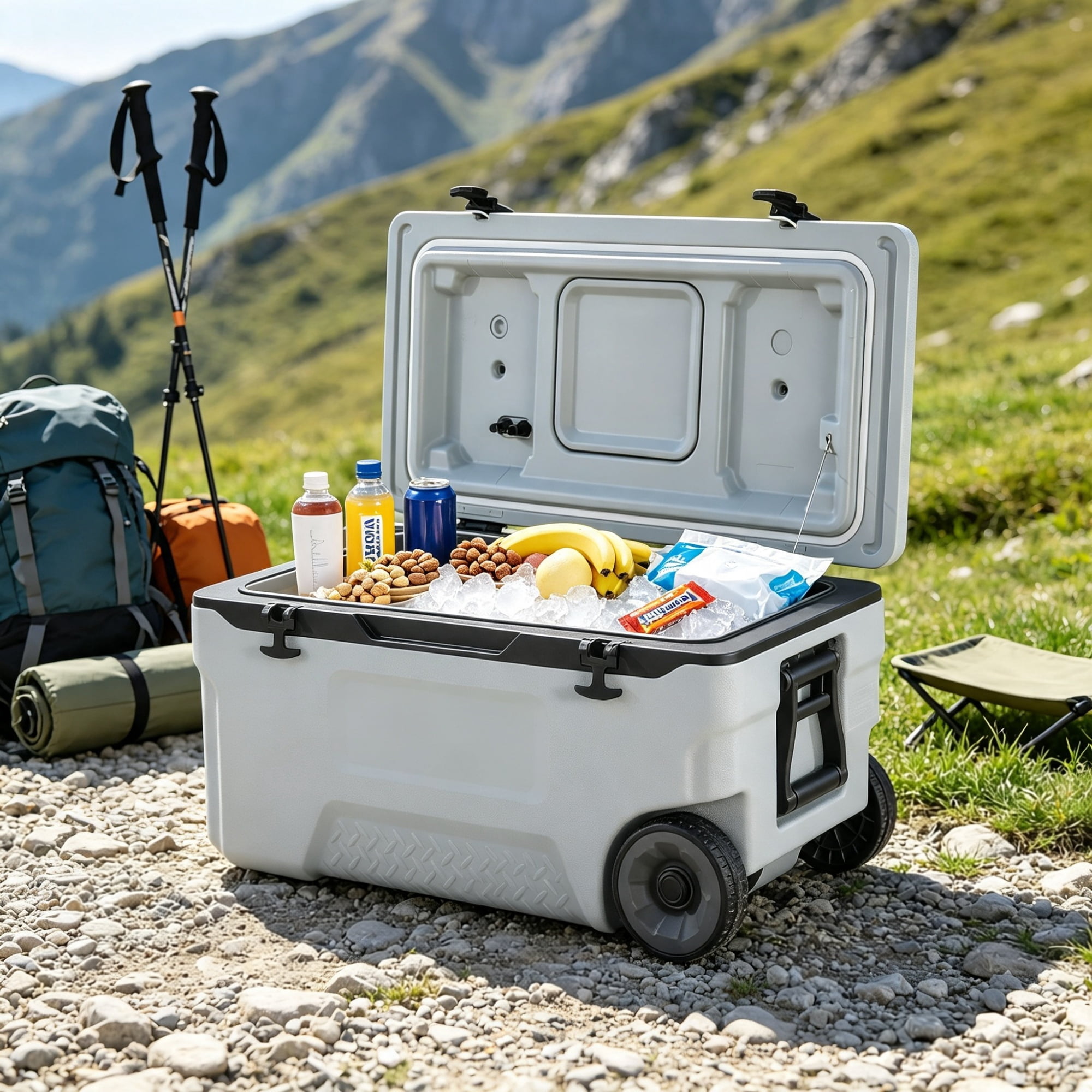 74 QT Portable Wheeled Cooler, Cup Holder & Sturdy Handles, for Family Picnics & Long Trips