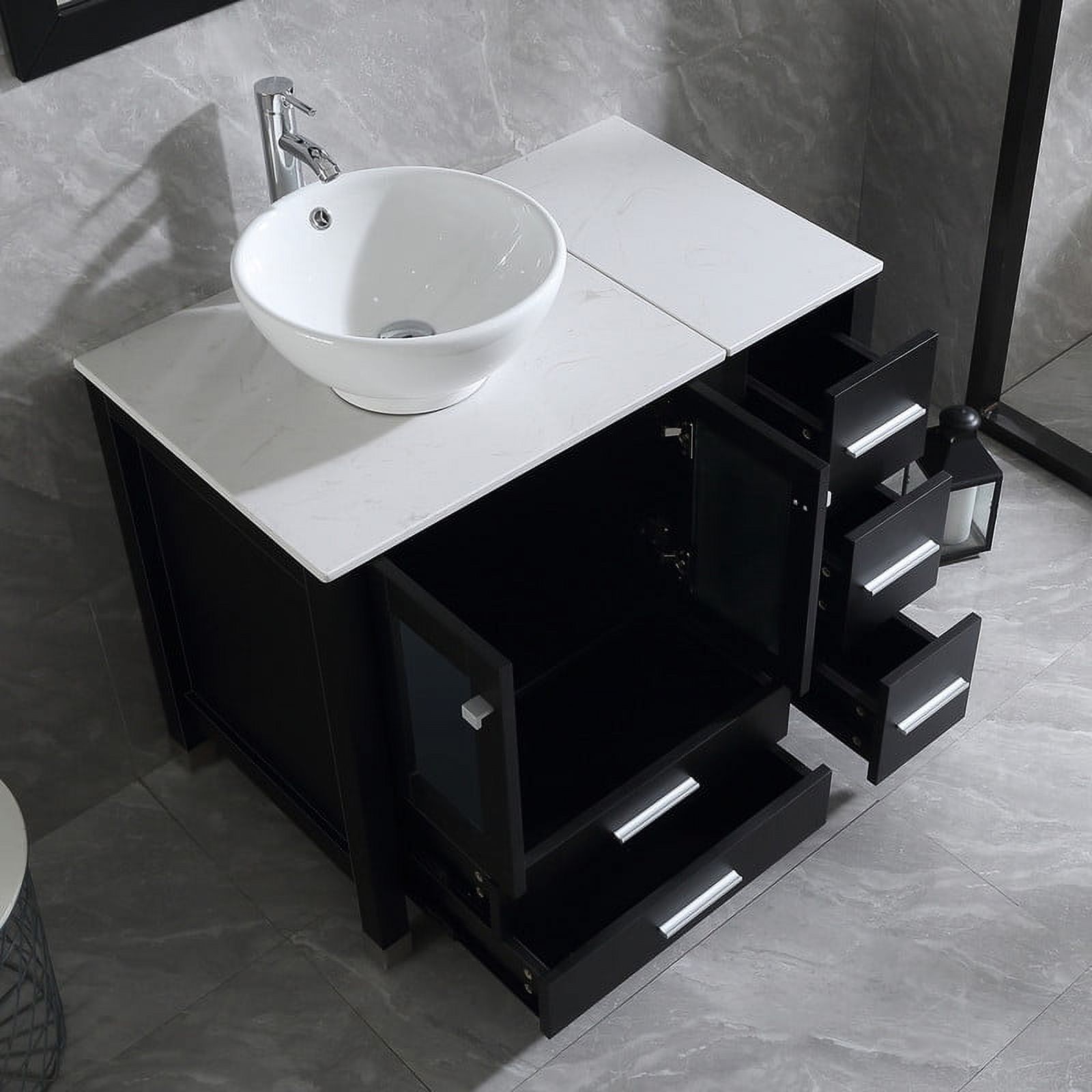 Wonline 36" Luxurious Bathroom Vanity and Sink Combo Wood Cabinet Top Round Ceramic Vessel Sink Faucet Drain Combo with Mirror Vanities Set,Black