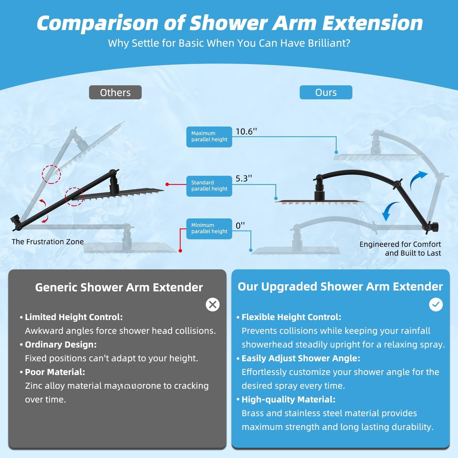All Metal Rain Shower Head  8'' High Rainfall Square Showerhead With 16" Extension Arm Solid Brass Adjustable Extender Waterfall Fixed Showerheads Oil Rubbed Bronze