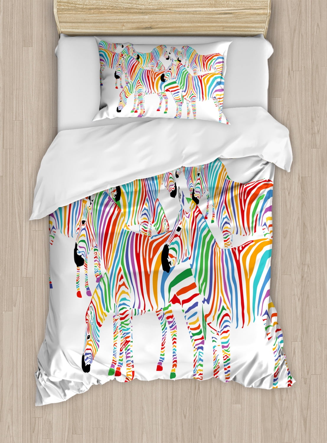 Funny Duvet Cover Set Twin Size, Colorful Cute Animal Herd with Rainbow Stripes Figure Digital