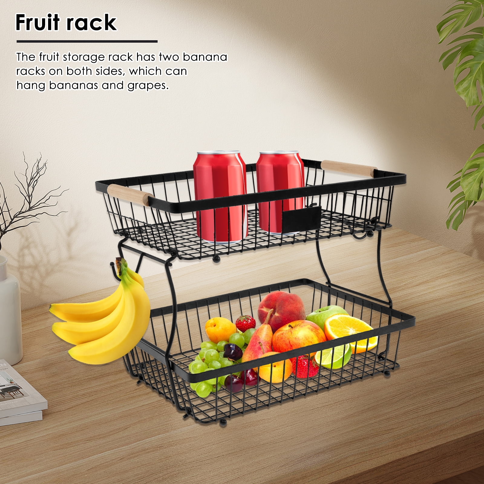 2 Tiers Fruit Basket with 2 Banana Hangers and Wood Handles Detachable Fruit Holder Multifunctional Fruit Rack Kitchen Countertop Rack for Vegetable Fruits Black
