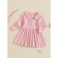 thumbnail image 2 of Suealasg Toddler Baby Girl Casual Dress 6M 1T 2T 3T 4T Kids Girls Long Sleeve Lapel Collar Solid Color Ribbed A-line Dress Little Girl Spring Fall Dress, 2 of 6
