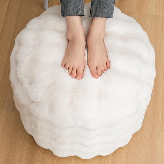 Round Stuffed Pouf Ottoman 20" X 15", Furry and Fluffy Pouf, Beige