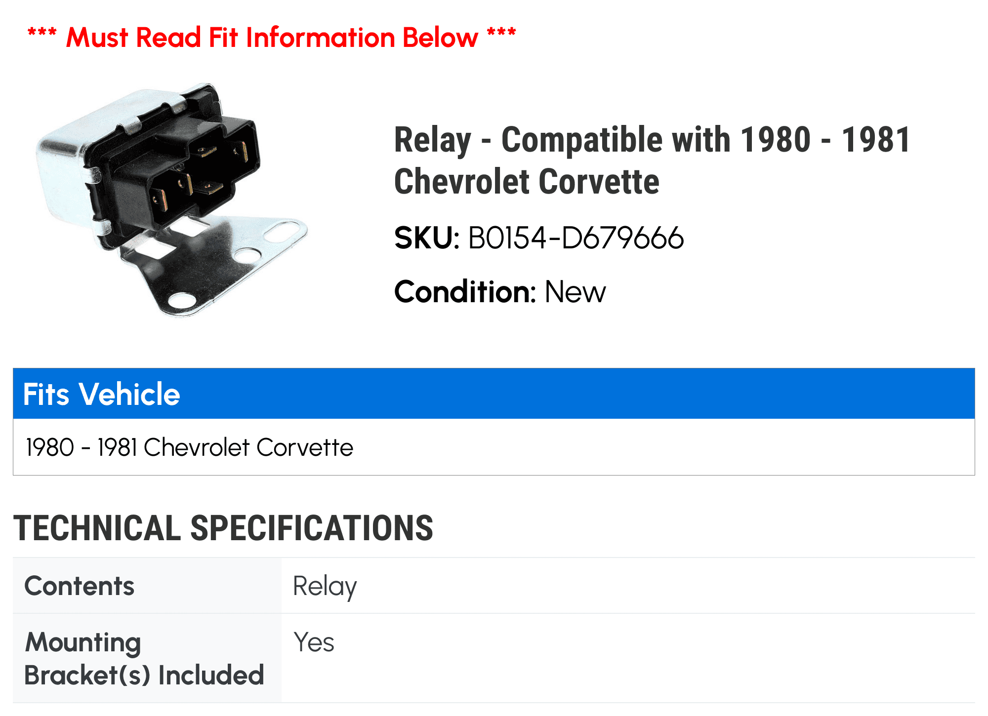 Relay - Compatible with 1980 - 1981 Chevy Corvette