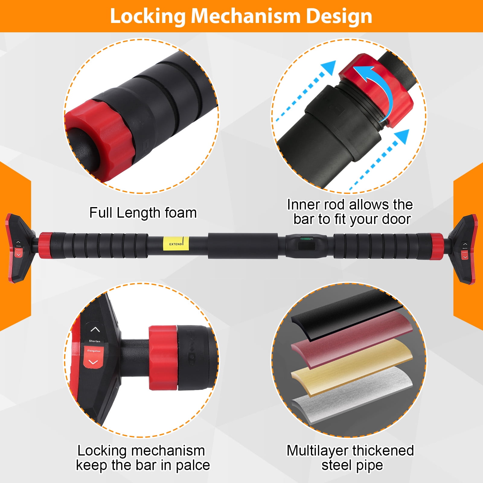 JoanKaren Pull up Bar for Doorway,Chin up Bar with Level Meter,Adjustable Width,No Screws Required,Red&Black