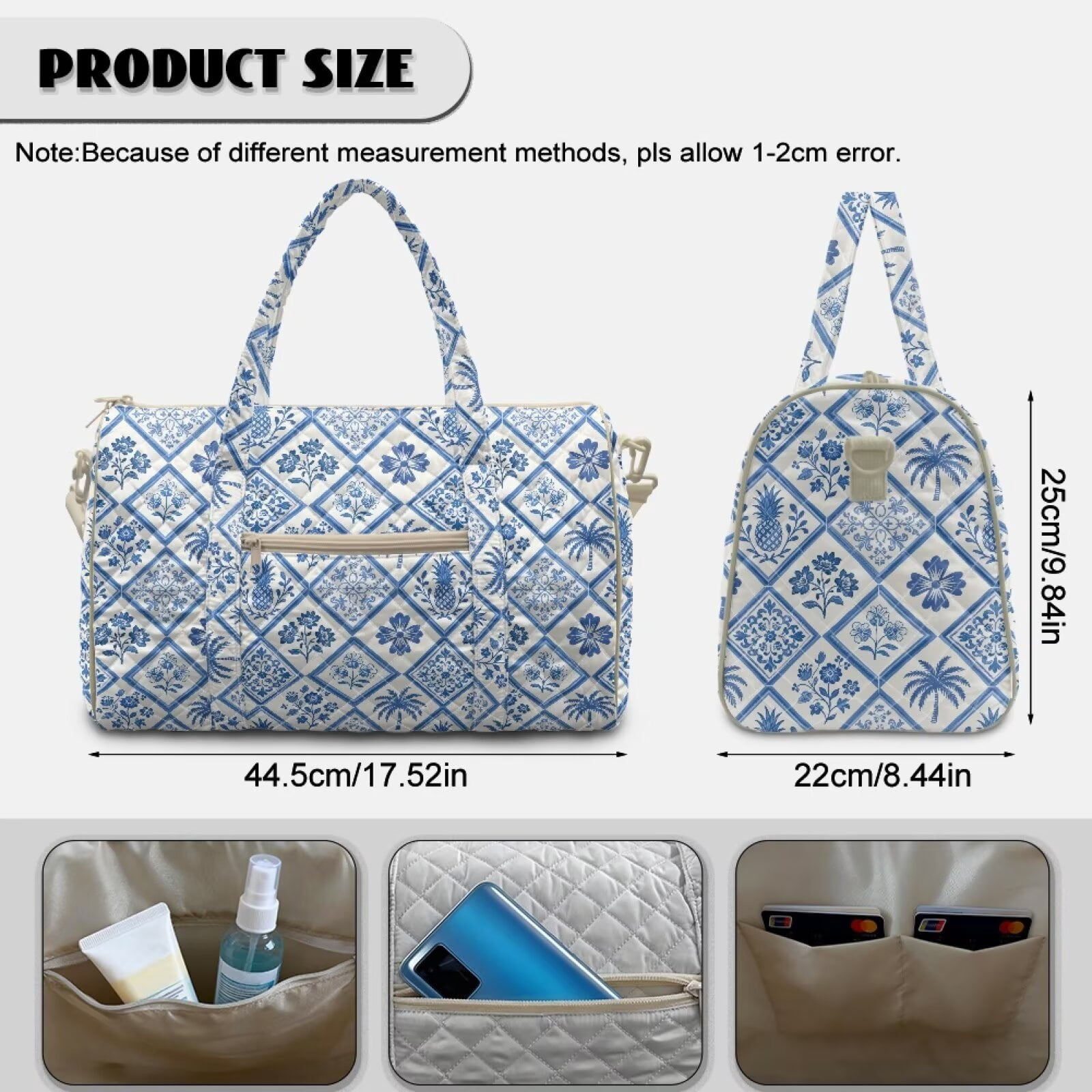 Pzuqiu Blue Floral Quilted Weekender Bag for Women Polyester Fabric Large Capacity Puffer Travel Duffle Carry On Tote with Luggage Sleeve for Gym Overnight Trips Versatile