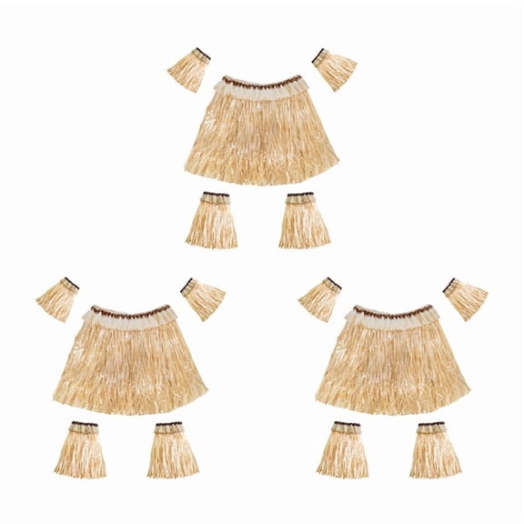 3X Hawaiian Grass Skirt Suit Elastic Arm Sleeve Feet Cover Grass Skirt Hula Dance Costume Beach (Straw Color)