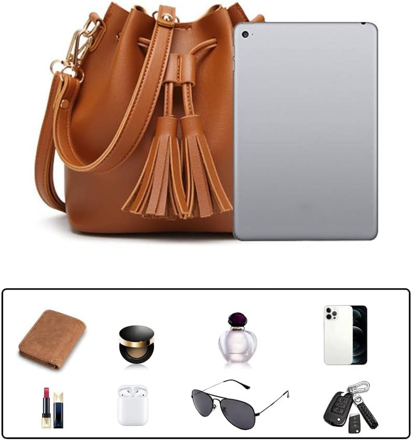 HMSHA Womens Mini Bucket Bag Leather Drawstring Handbag Tassel Shoulder Purse Retro Crossbody Wallet with Adjustable Straps