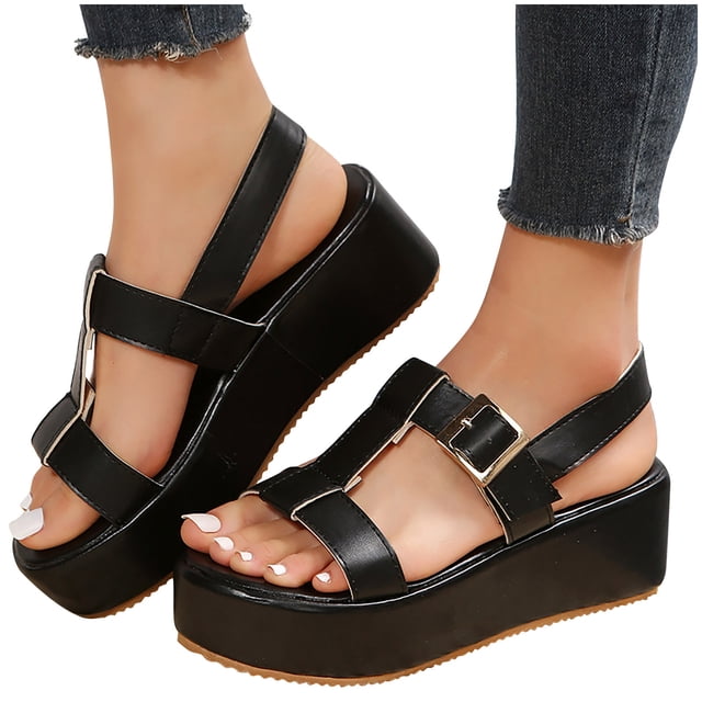 Sandales à Plateforme pour Femmes Slingback Bout Ouvert Flatform Compensées Boucle Réglable Confortables Antidérapantes Été Talons Hauts Sandales Noires