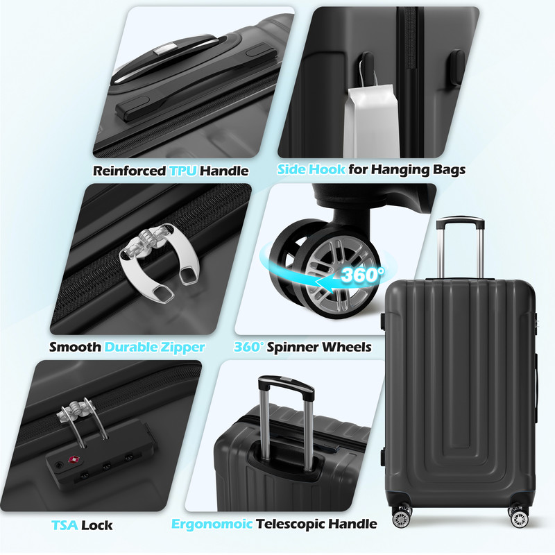 Luggage Sets 5 Piece Hardshell with TSA Lock 40%PC ABS Suitcase with Spinner Wheels 20 26 28 30 32 inch Carry on Luggage Black