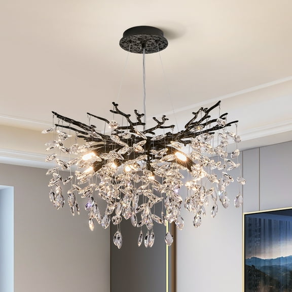 Modern Tree Branch Crystal Chandelier, Adjustable Height 20-78.7 Inches, Luxury Black Metal & Sparkling Crystal Lighting Fixture for Dining Room, Living Room, Bedroom