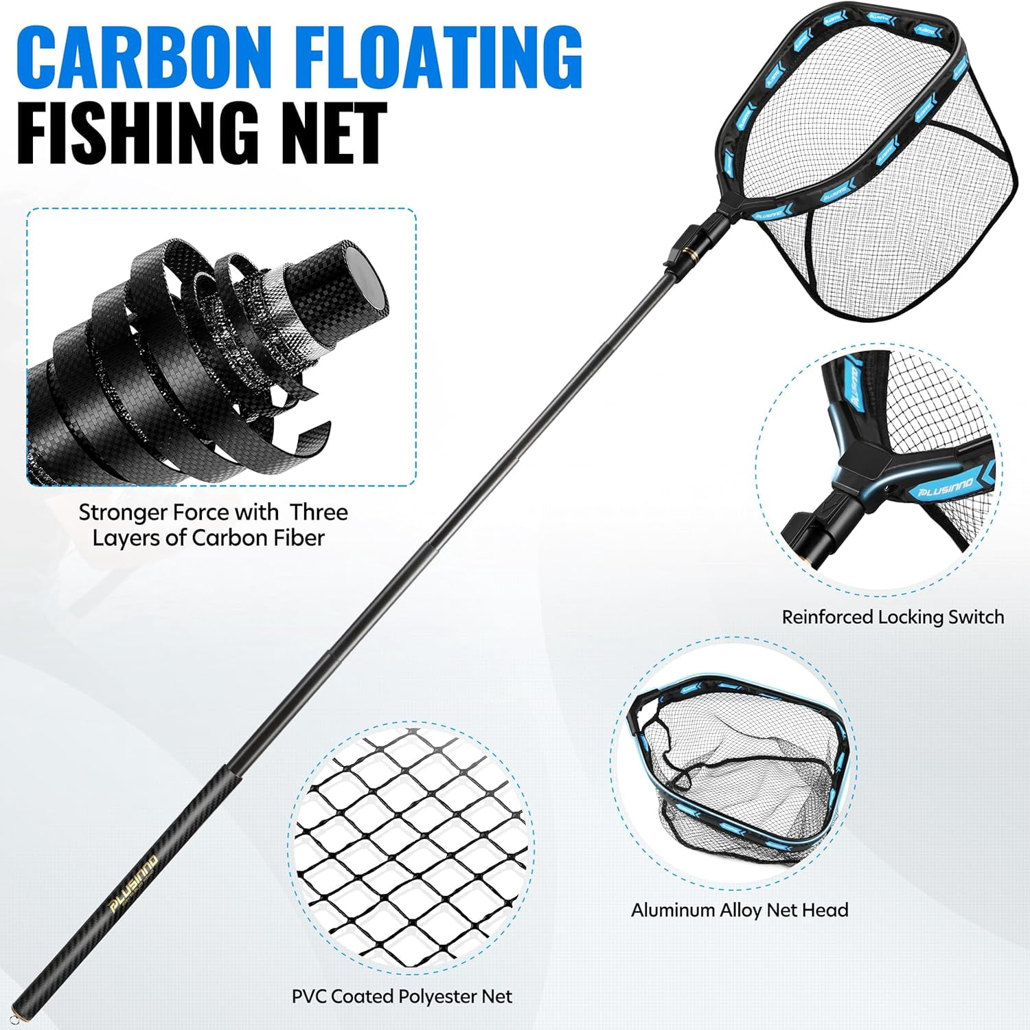 Floating Fishing Net with Telescoping Handle, Carbon Fiber Ultralight Long Fish Net, Collapsible Landing Net 6.56/7.86Ft, Fishing Gear Kayak Accessories for Bass Trout Salmon