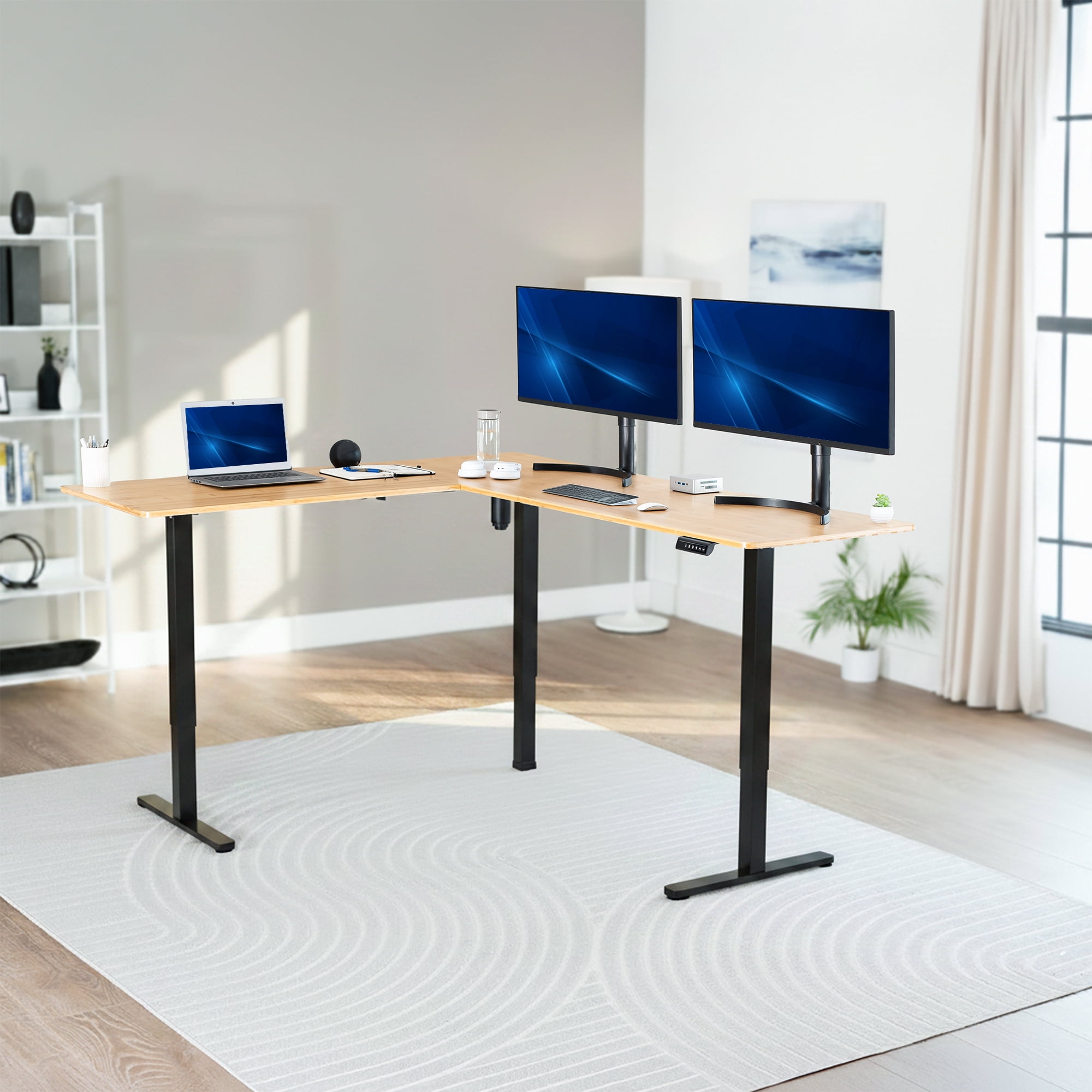 VIVO Bamboo / Black Electric 75" x 63" Corner Desk Workstation