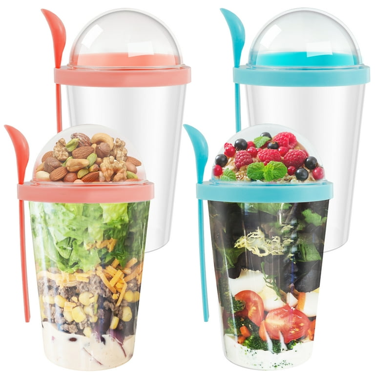 Double Layer Plastic Salad Cup With Spoon Lid, Breakfast Cup With