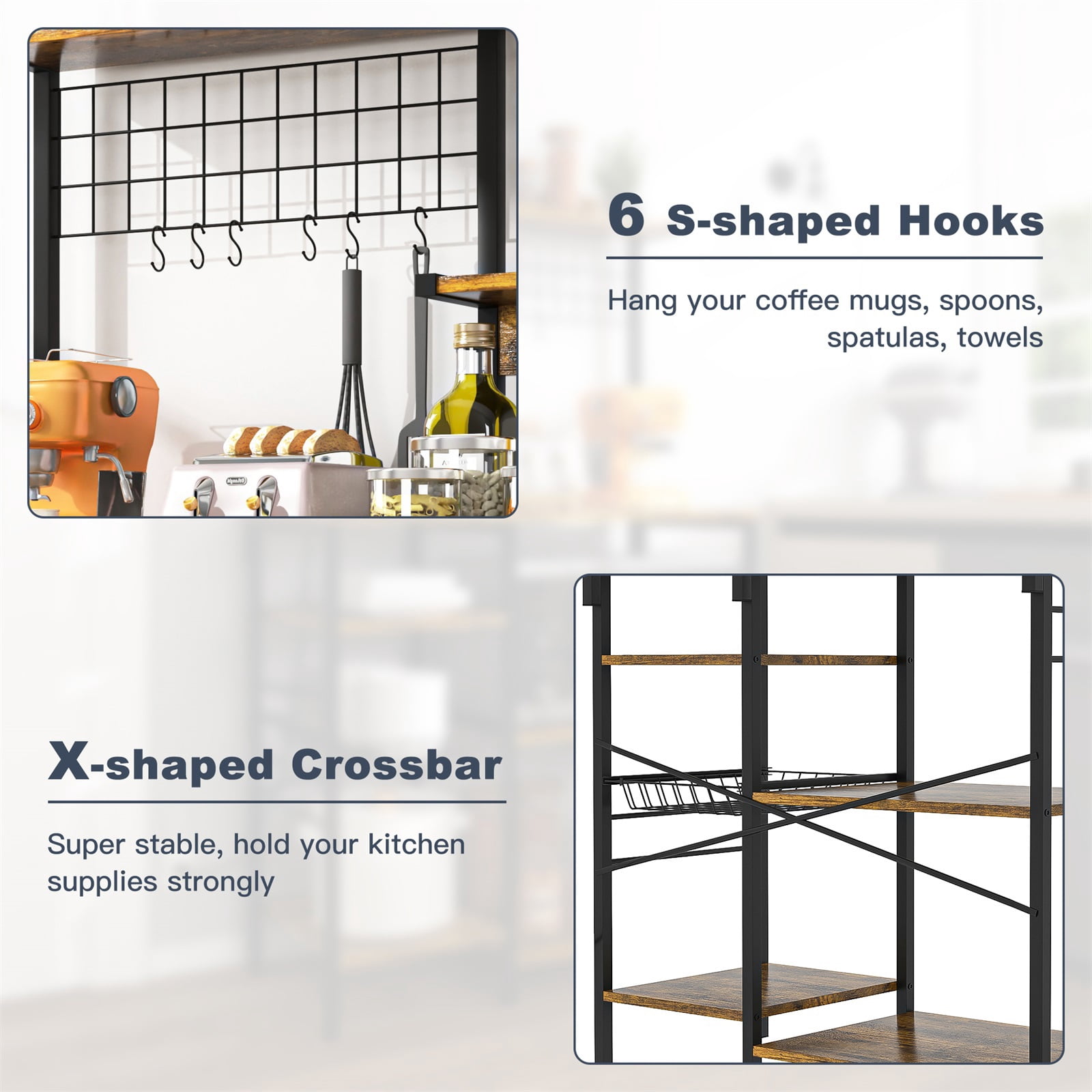 Hommoo Multipurpose Kitchen Storage Rack, Baker's Rack, Microwave Stand, Coffee Bar Station with Hooks and Wire Basket, Rustic Brown