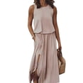 thumbnail image 2 of Women's Crew Neck Sleeveless Elastic Waist Slit Maxi Dress Khaki S, 2 of 6