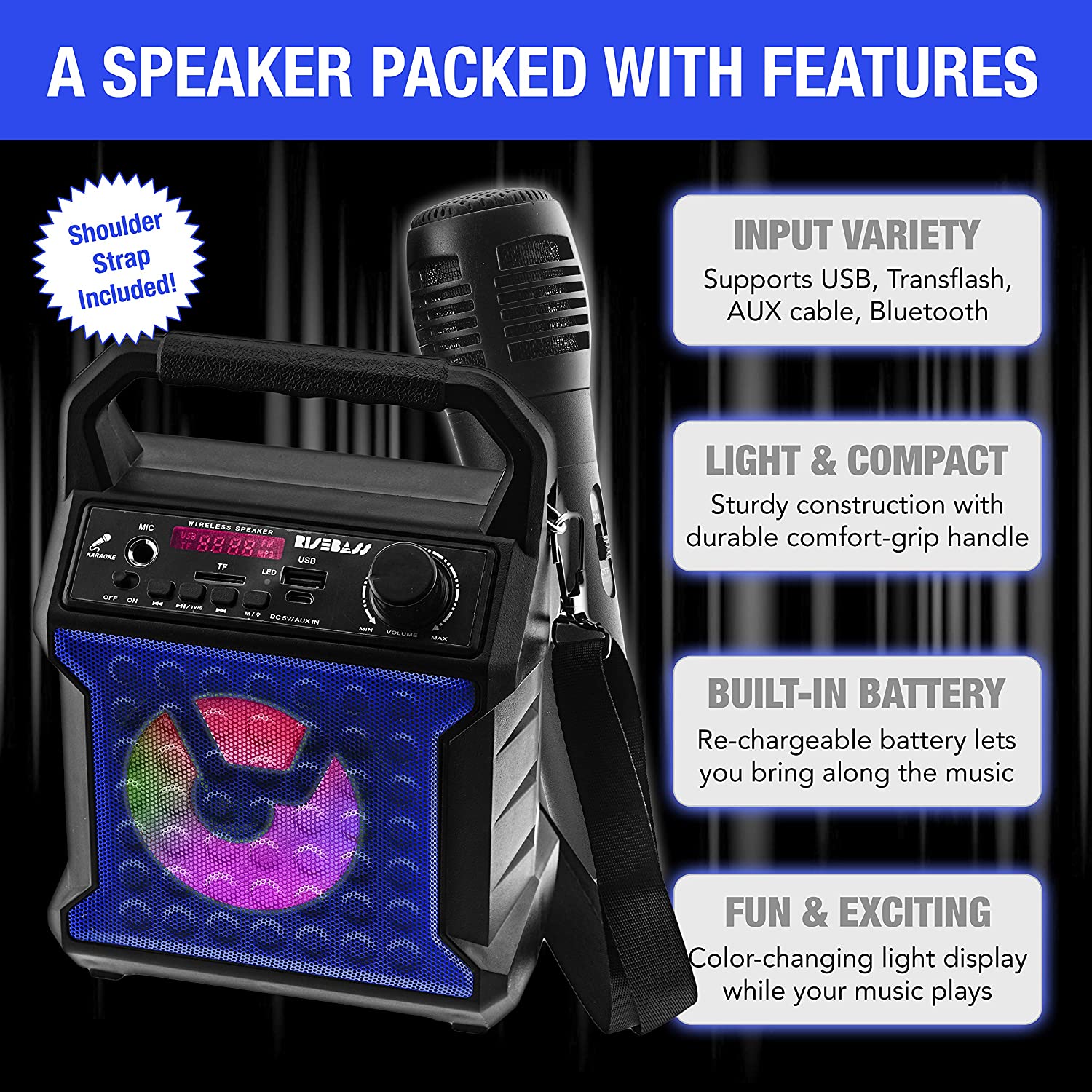 Rise Bass Portable Karaoke Machine for Kids & Adults in Blue photo 3
