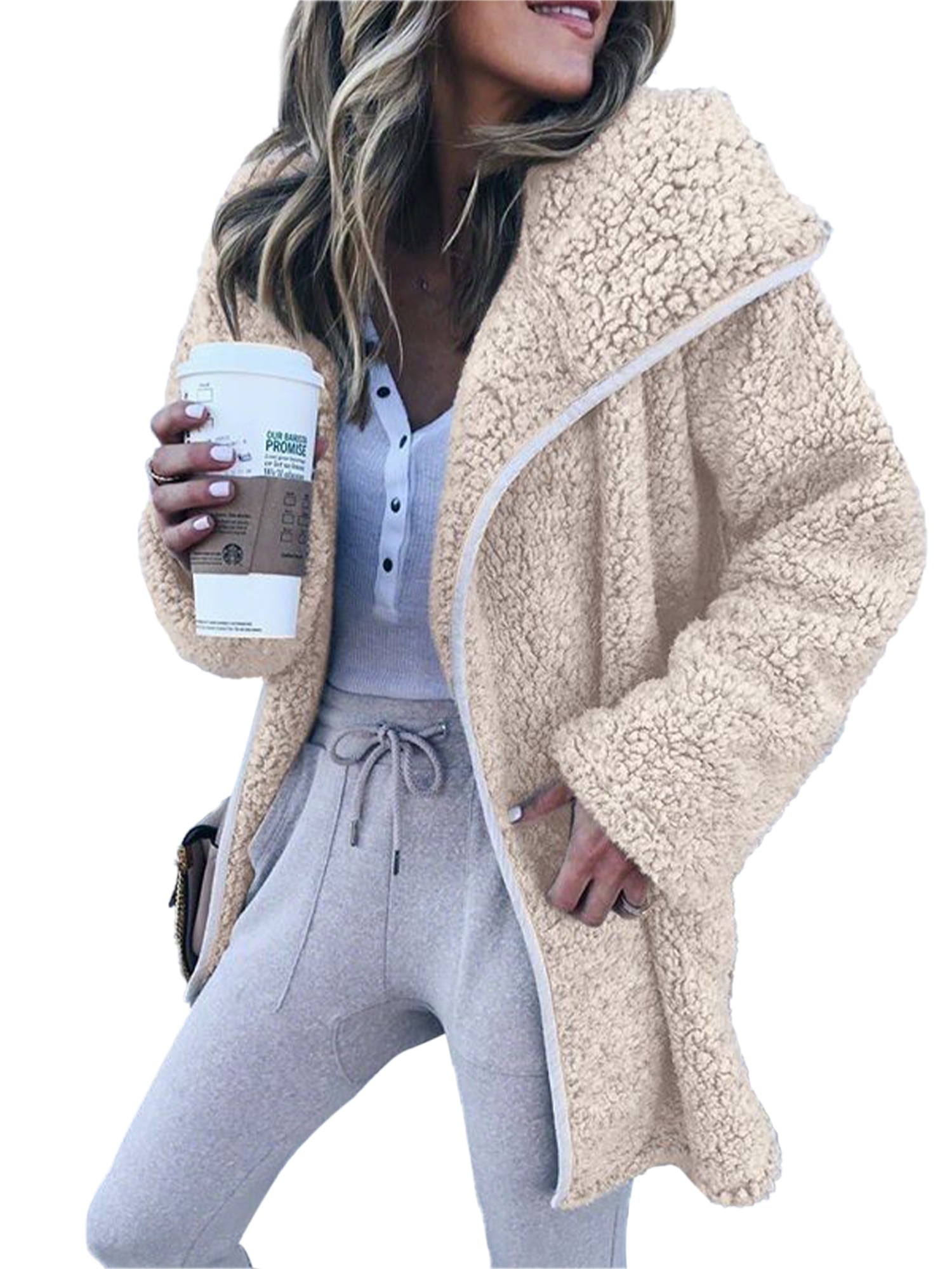 Cardigan for Women Oversized Fuzzy Fleece Long Sleeve Open Front Hooded ...