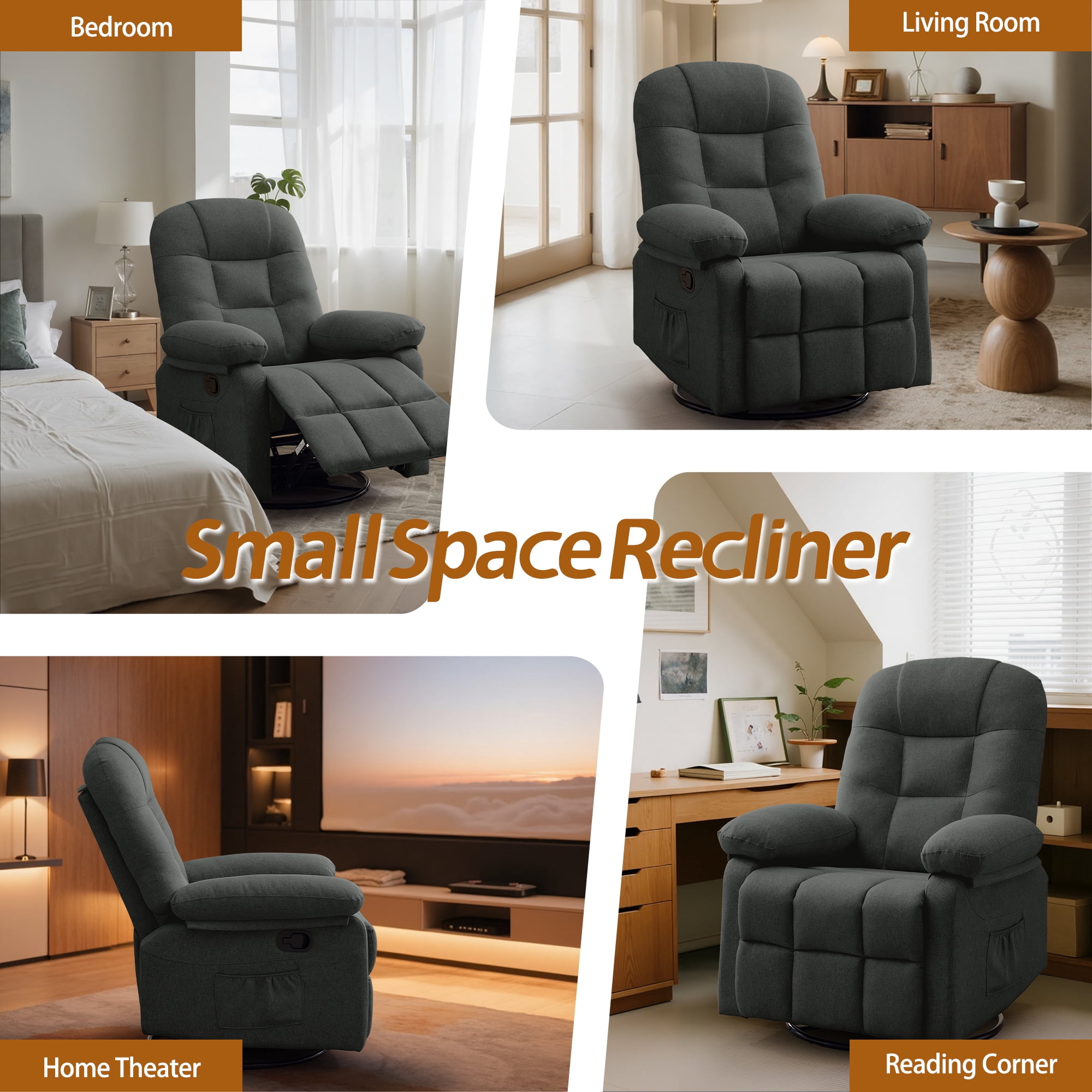 Korser Manual Swivel Rocker Recliner Chair for Living Room,Small Recliner Sofa for Small Spaces,Linen Fabric,Dark Grey
