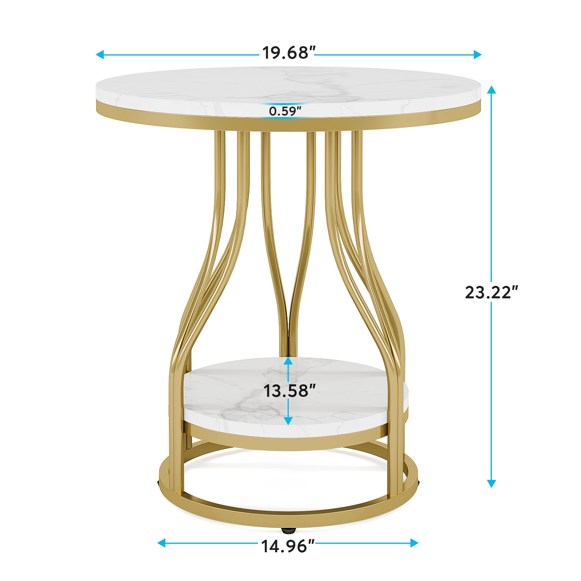 Tribesigns 2-Tier Round Side Table, Industrial End Table Bedside Table with Metal Frame & Open Shelf for Couch Side, Living Room (1PC, White & Gold)