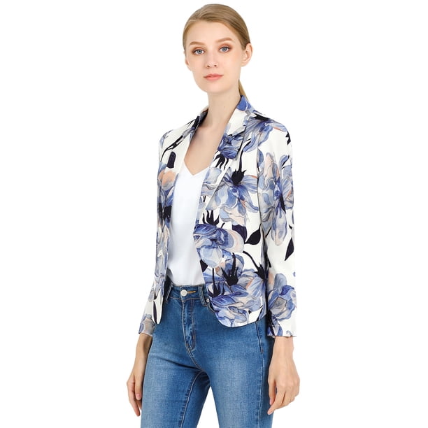 Chaqueta abierta de la chaqueta del traje de la cosecha del trabajo de la oficina del frente de las mujeres Blanco Azul-Floral M