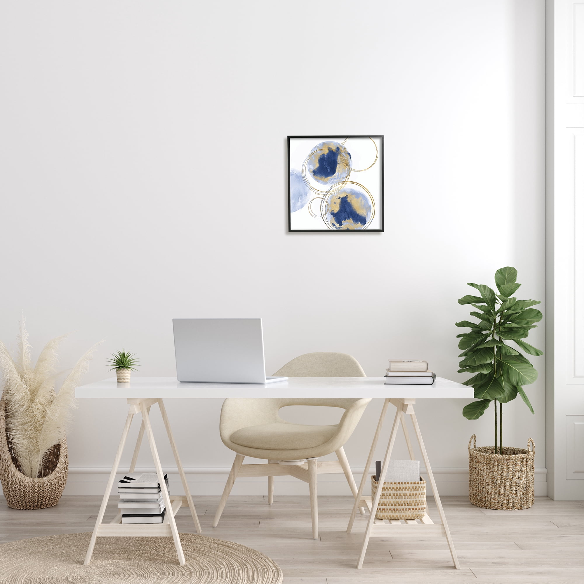 Golden Rings and Blue Circle Abstraction Modern Shapes Abstract Framed Art Print Wall Art, 17x17