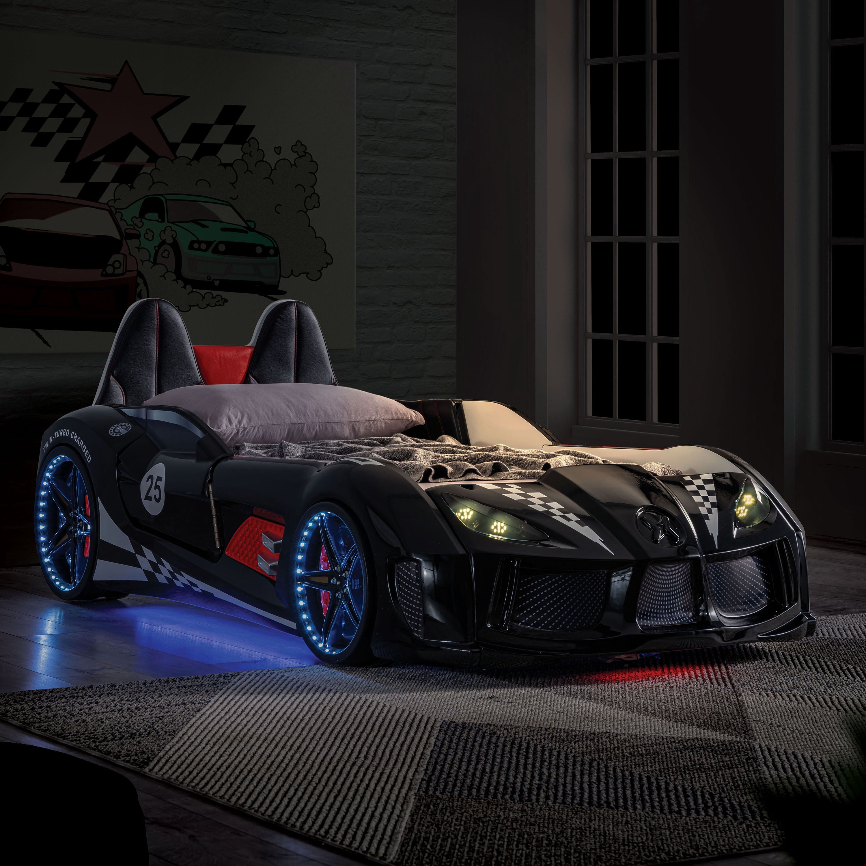 Furniture of America Dash Kids Plastic Twin Race Car Bed with LED and Sound, Black
