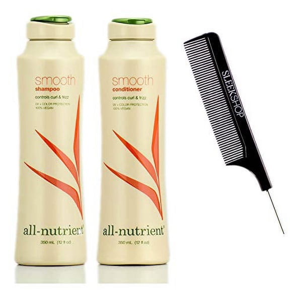 All-Nutrient SMOOTH Shampoo & Conditioner DUO SET, CONTROLS Curl & Hair Frizz (w/Sleek Comb) UV+ Color Protection, 100% Vegan (12 oz + 12 oz DUO KIT)