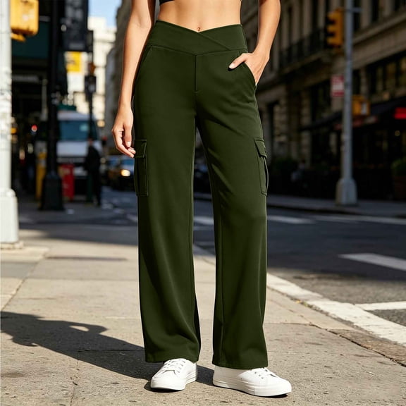 ClodeEU Women's High Waisted Stretch Straight Leg Cargo Pants with Pockets ,Casual Yoga Work Trouser Army Green,Women's Plus L