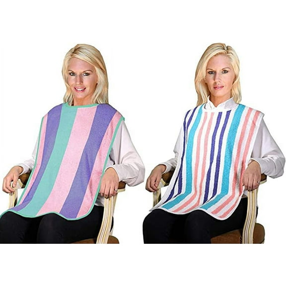 4 Pack - Clothing Protector Long Length Terry Cloth Senior Adult Bibs with Hook and Loop Closure. Meal Time Senior Bib