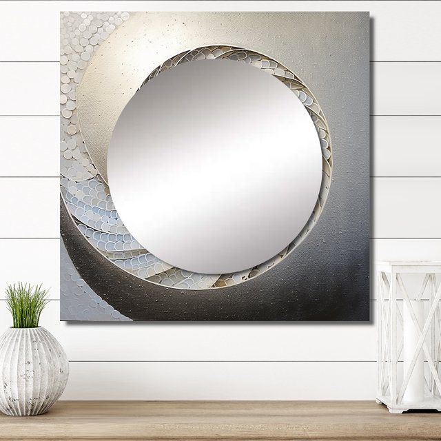 Designart "Shellfish With A Silver Swirl I" Nautilus Silver Large Square Mirror - Square Bedroom Mirror Printed Wall Decor - Modern Square Printed Wall Mirror Art