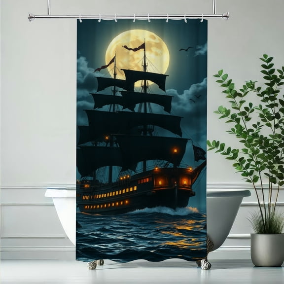 RKSupls Waterproof Shower Curtain, Pirate Ship Full Moon Night Sea Polyester Shower Curtain with Hooks for Chic Elegant Home Bathtub Bathroom Decor Washable Curtains