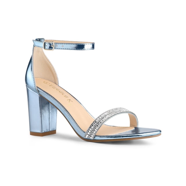 BLISSFUL STEP Women's Sandals Rhinestone Chunky Heel Ankle Strap Open Toe Party Shoes Blue 9
