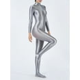 thumbnail image 3 of TiaoBug Women's Glossy Body Stocking Full Bodysuits Catsuits Yoga Mock Neck Zipper Jumpsuits Silver L, 3 of 6