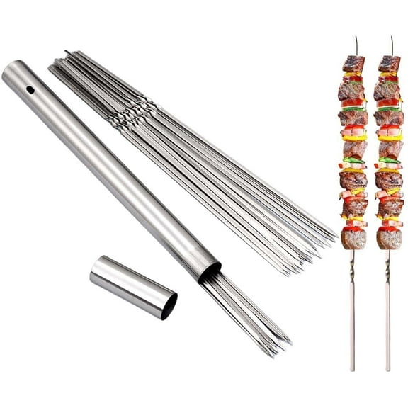 BCZHQQ 10PCS Kabob Skewers Flat Metal Stainless Steel BBQ Barbecue Skewer 13.8inch Anti-Roll Heavy Duty Kebob Sticks Wide Reusable Grilling Skewers Set for Meat Shrimp Chicken Vegetable Kebab