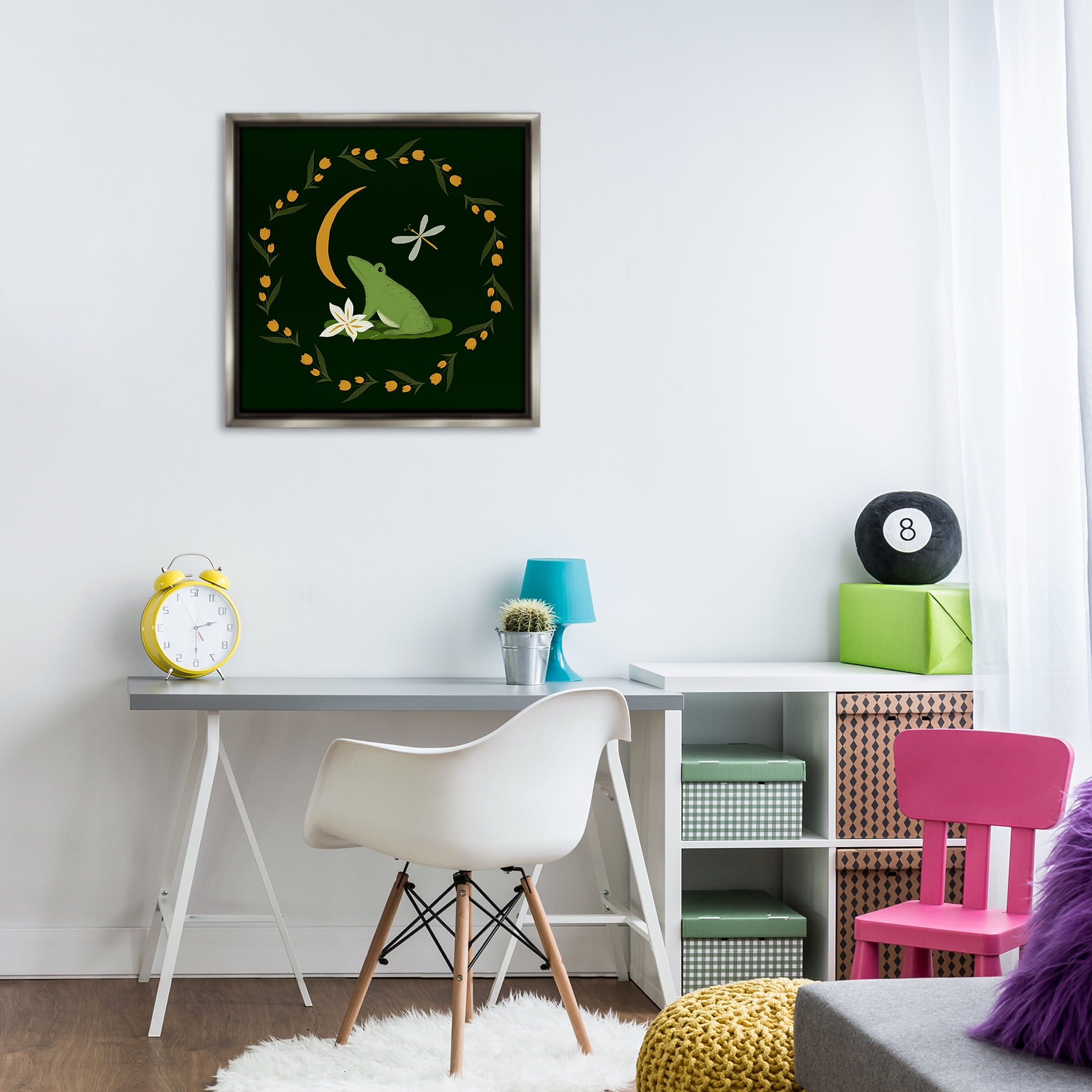 Stupell Industries Frog & Moon Garland Animals Painting Gray Floater Framed Canvas Art Print Wall Art, 25 x 25