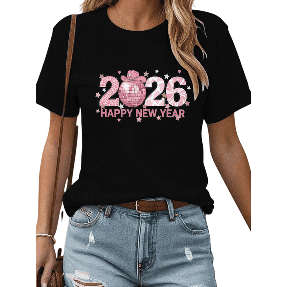 Pink 2026 Happy New Year Party Print Tshirt Graphic Tees Black Shirts S-5XL Tops