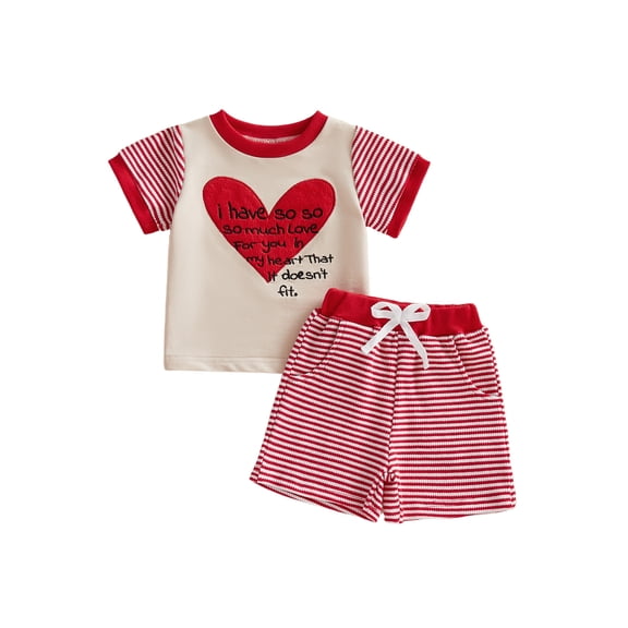 Miaouyo Toddler Baby Boys Valentines Outfit 3 6 12 18 24 Months 2T 3T 4T 5T Short Sleeve Heart Printed Tops with Striped Shorts 2Pcs Clothing Set