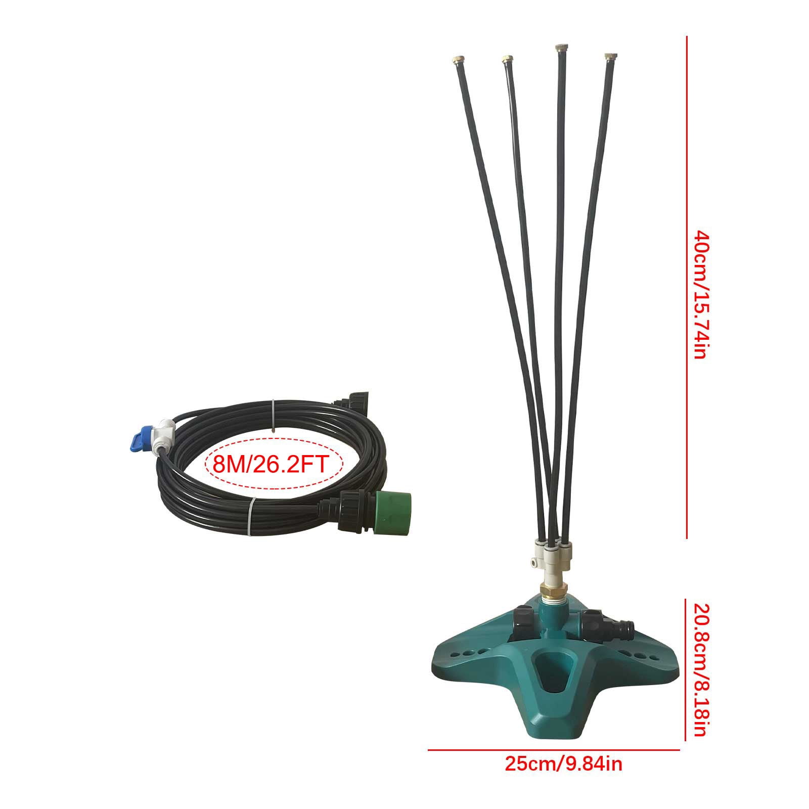 RoamHome Freestanding Garden Misting System - 4-Arm Rotary Sprinkler Nozzle with 26ft Hose & Adjustable Stand - Perfect for Patio Cooling & Poolside - Includes 6 Spray Heads & Installation Kit.
