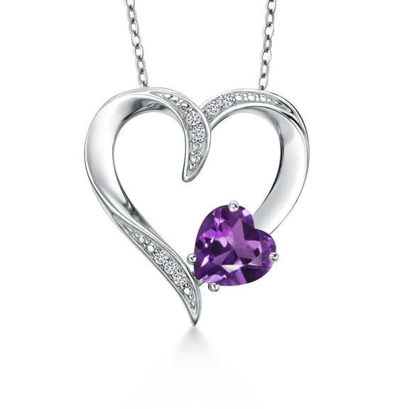 Gem Stone King 925 Sterling Silver Purple Amethyst and White Lab Grown Diamond Pendant Necklace for Women | 0.95 Cttw | Gemstone February Birthstone | Heart Shape 7MM | With 18 inch Chain