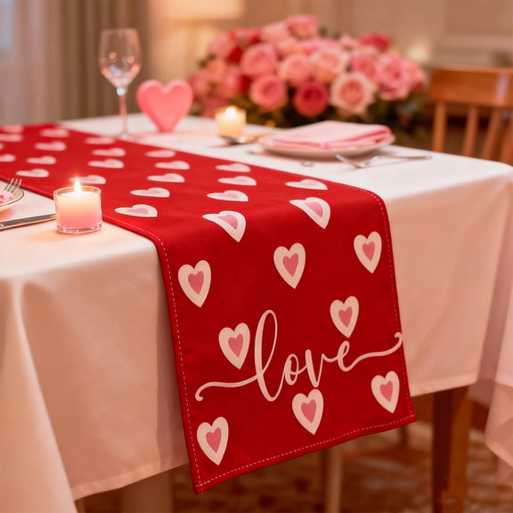 Valentine’s Day Table Runner 33x183cm, Red & Pink Heart Print with "Love" Lettering, Romantic Dining Decor