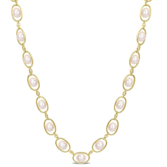 AMOUR 8-8.5mm Freshwater Cultured Pearl and 1/3 CT TGW Cubic Zirconia Oval Link Necklace In 18k Yellow Plated Sterling