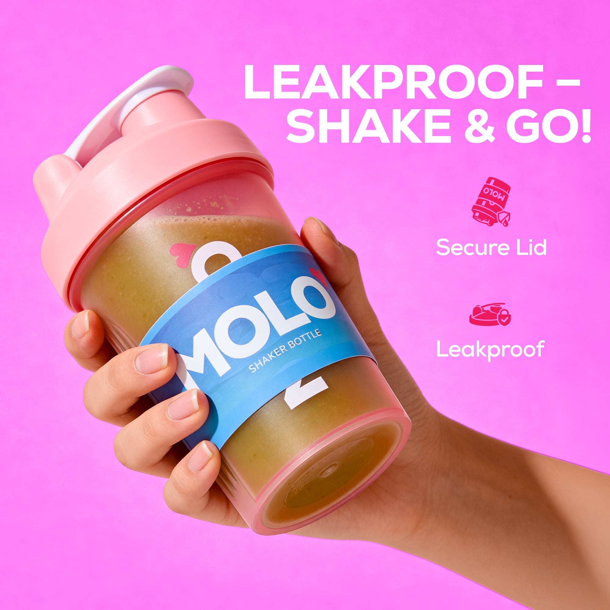 Molo 12 oz Shaker Bottle with Stainless Steel Whisk Blender Ball, BPA and Phthalate Free, Dishwasher Safe, Leak Proof Lid, For Protein, Pre Workout, & Other Supplements (Pink)