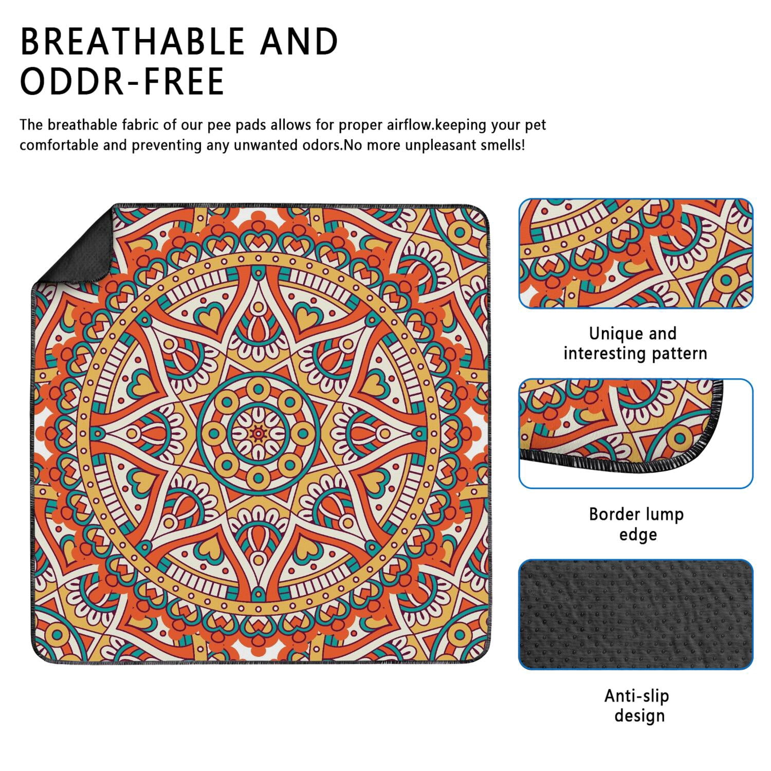 Reusable Washable Dog Pee Pads, 48" x48" in Mandala, Advanced Leak-Proof Design, Non-Slip Underside for Confident Use on Any Hard Floor.