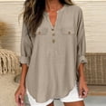 thumbnail image 5 of Linen Summer Shirts for Women Roll-Up Long Sleeve Curved Hem Tunic Tops Casual V Neck Plain Tshirts Loose Fit (L, Khaki), 5 of 7