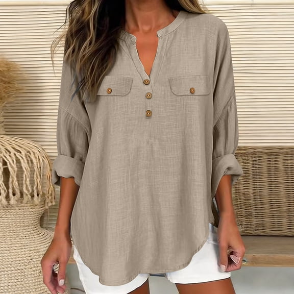 Craaazy Women's Loose Fit Solid Color V-Neck 3/4 Sleeve Cotton Blouse With Flap Pockets Casual Spring Top Gifts