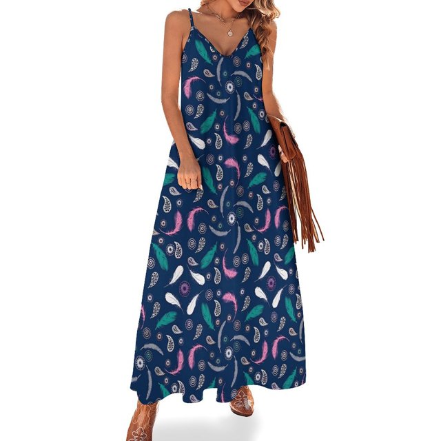 Vestido de plumas brillantes con estampado colorido, elegante vestido largo con escote en V, estilo bohemio, para playa, con tirantes, moda urbana, vestido oversize