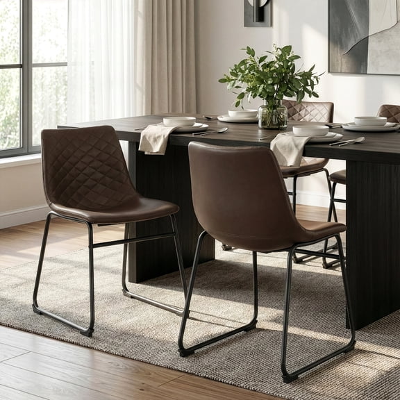 Set of 2 Berenice Dark Brown Faux Leather Upholstered Dining Chair with Black Iron Legs